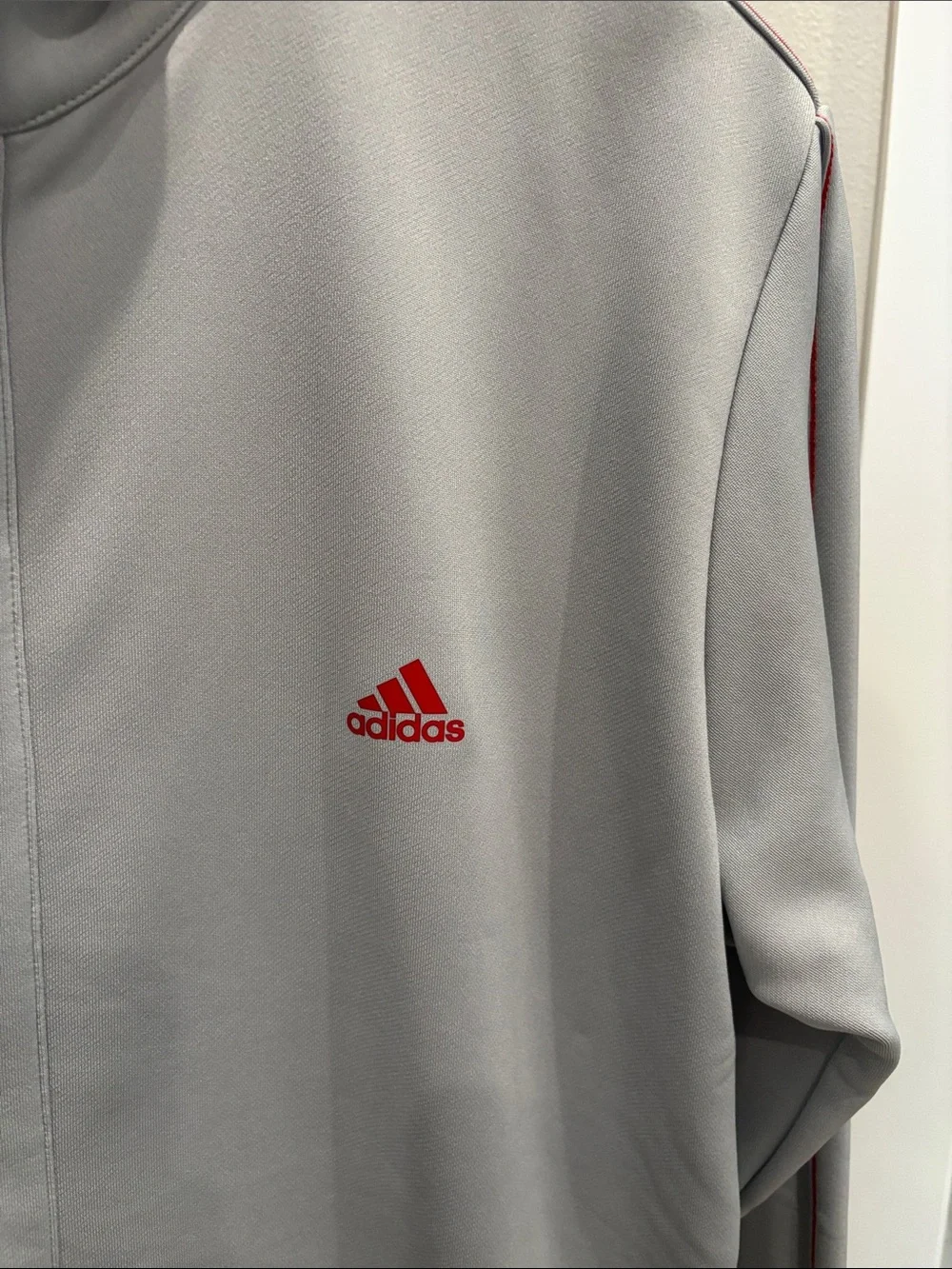 adidas golf Light Gray Men’s Track Jacket with Red Logo and sleeve stripe NWT Lg